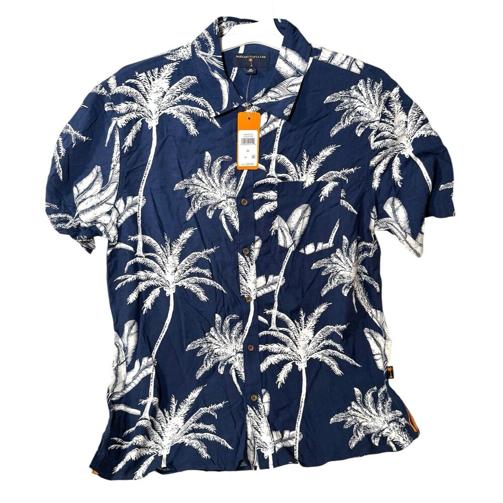 Margaritaville Casual Button Down Collared Men's Shirt Insignia Blue Palm Sz M